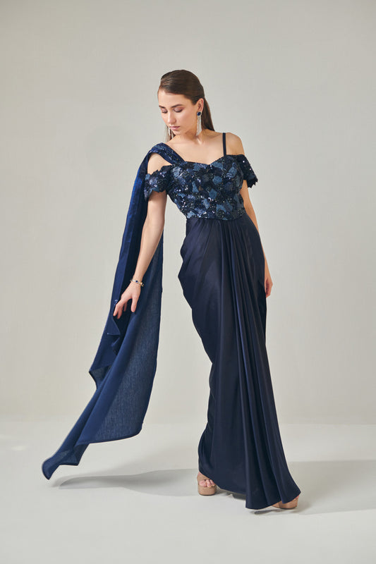 Mallika in Midnight Blue drape gown with detachable palla