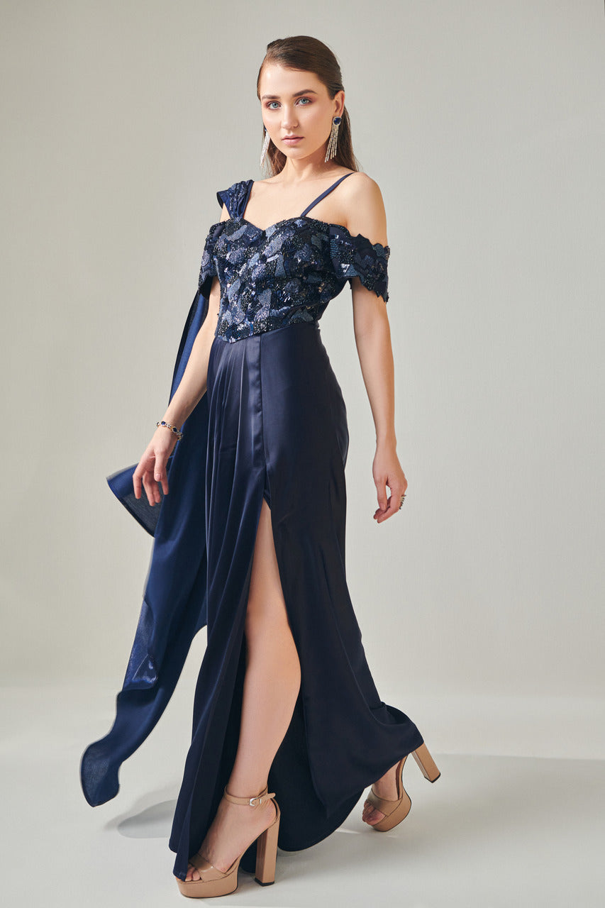Mallika in Midnight Blue drape gown with detachable palla