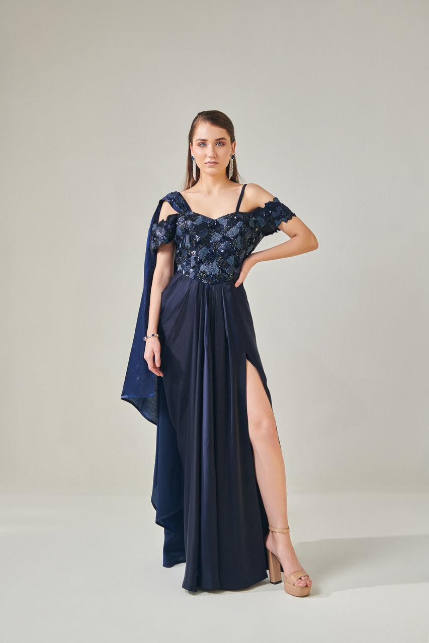 Mallika in Midnight Blue drape gown with detachable palla