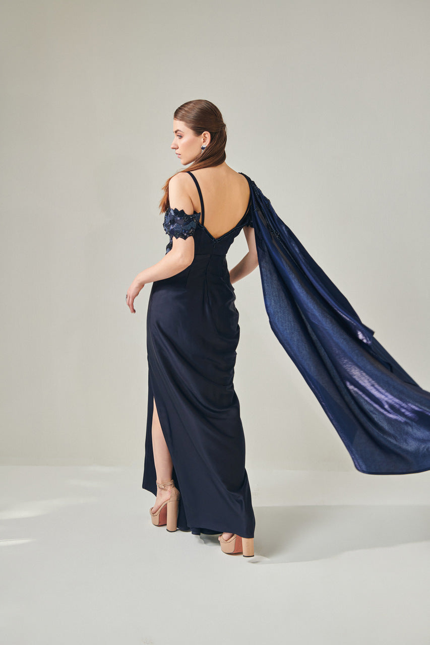 Mallika in Midnight Blue drape gown with detachable palla
