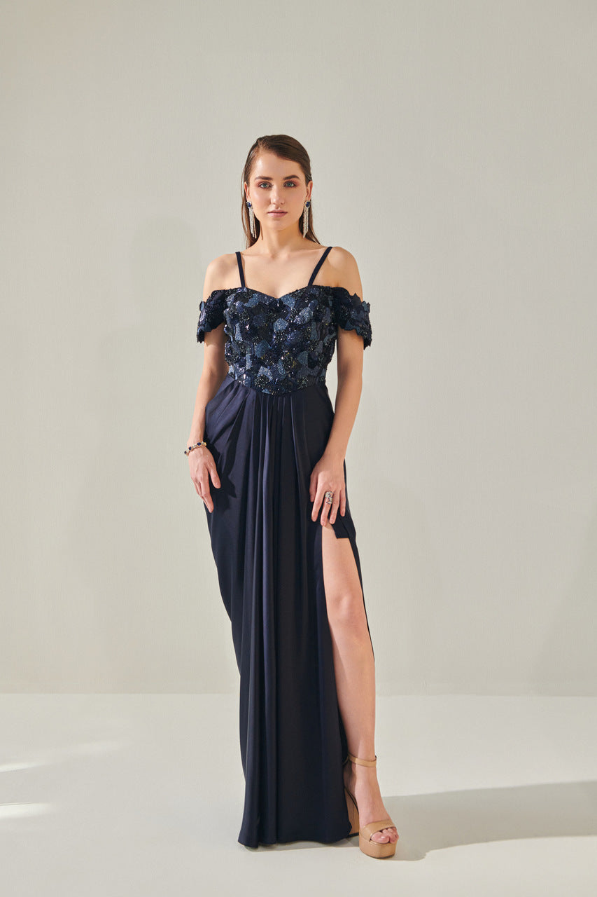 Mallika in Midnight Blue drape gown with detachable palla