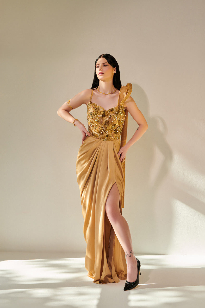 Golden drape gown