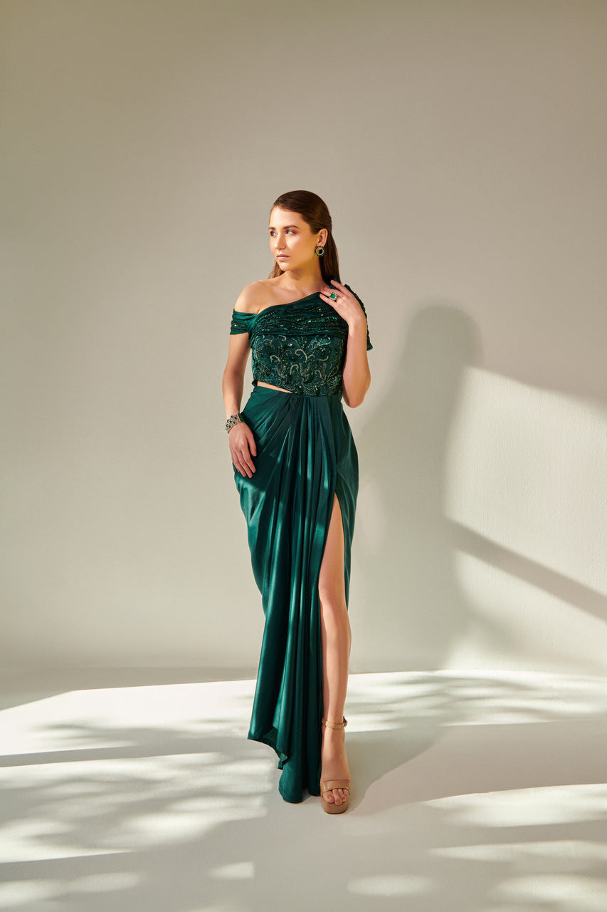 Off shoulder emarald green drape gown