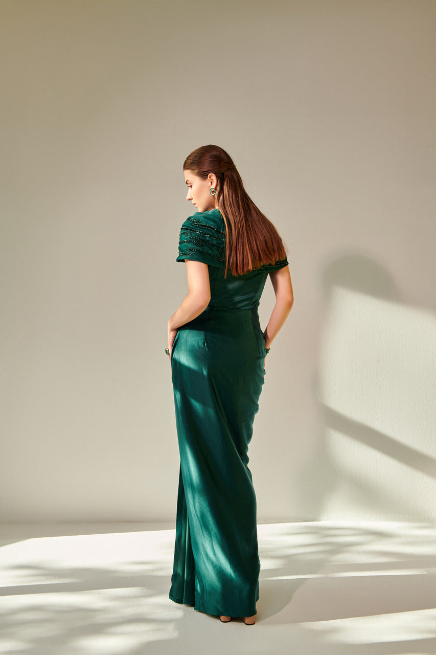 Off shoulder emarald green drape gown