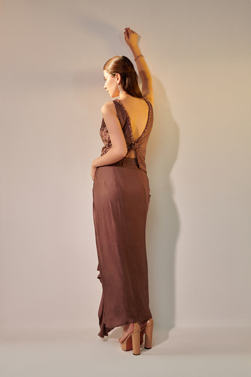 Earthy brown drape skirt jacket set