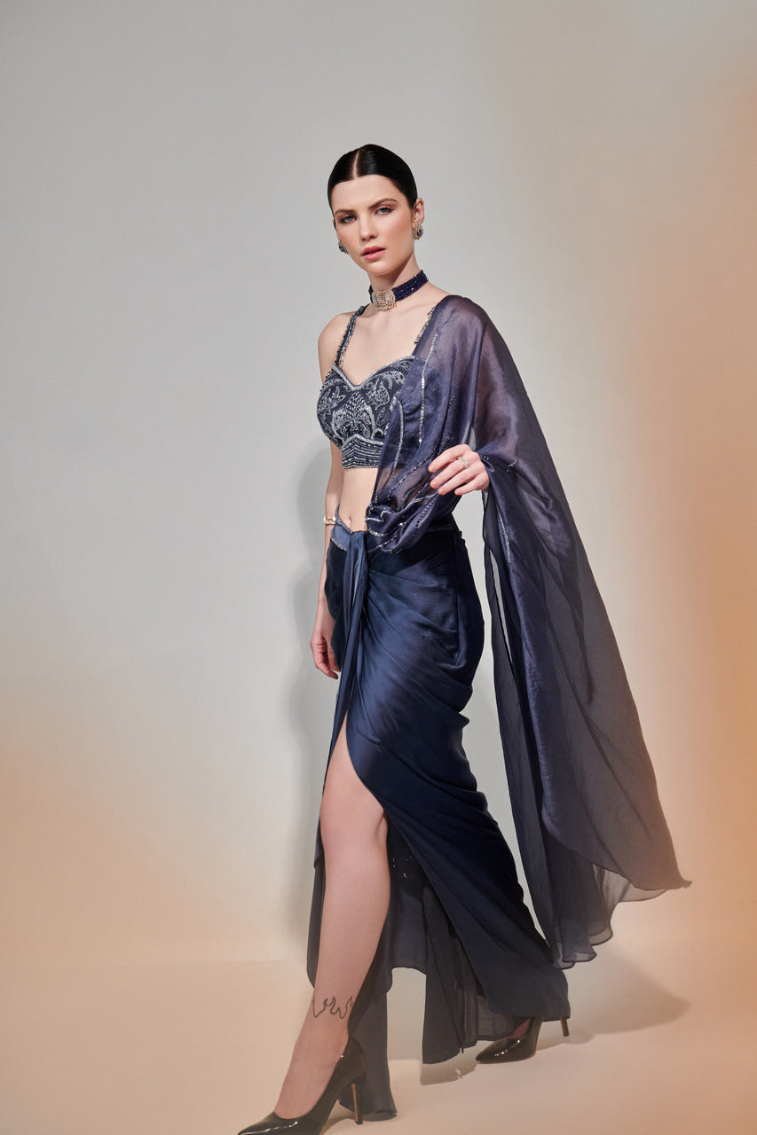 Charcoal drape saree set