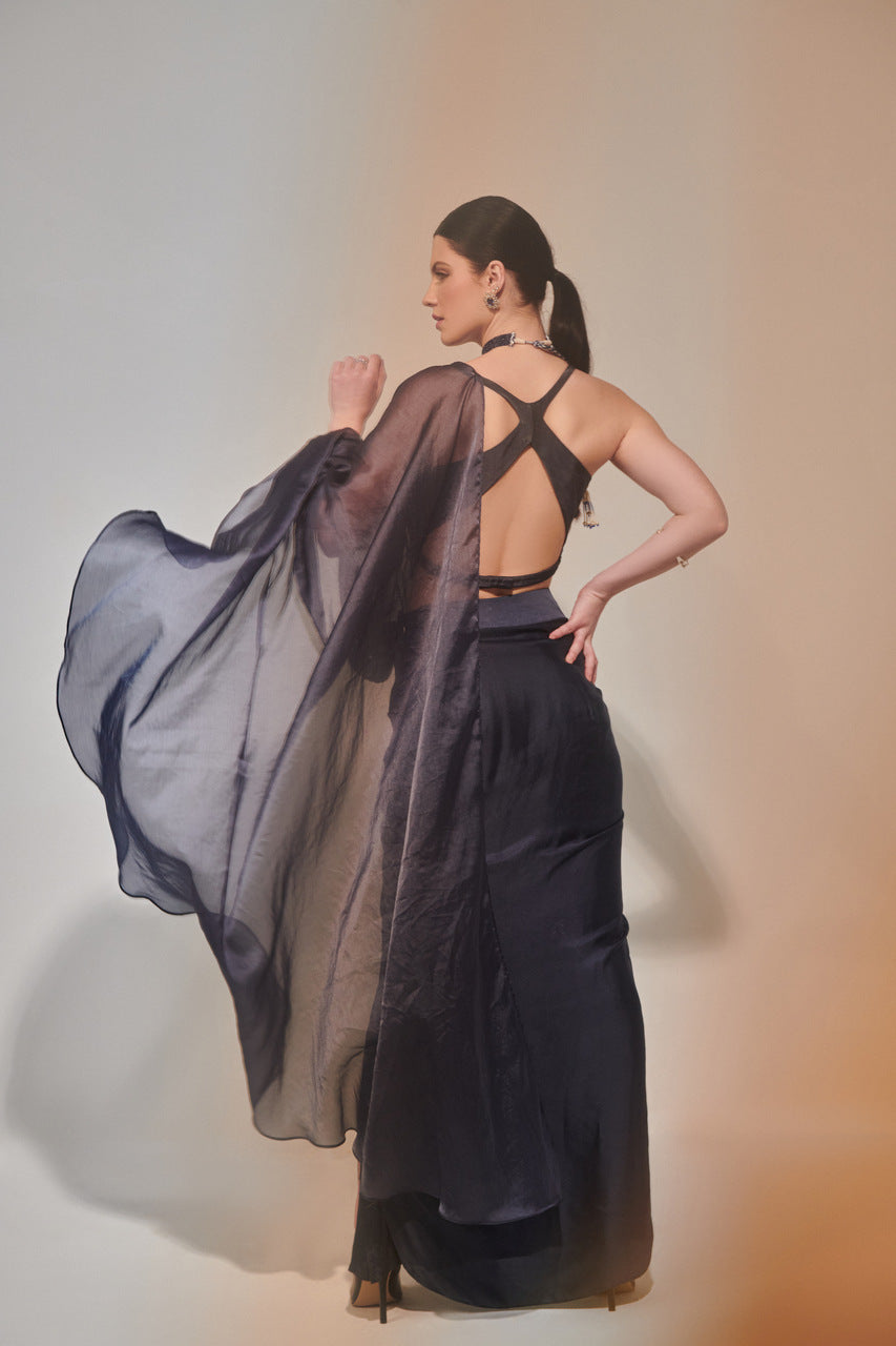 Charcoal drape saree set