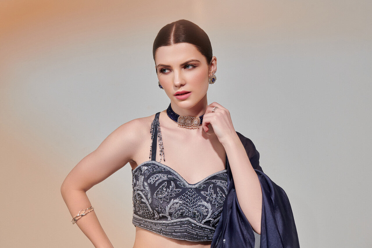 Charcoal drape saree set