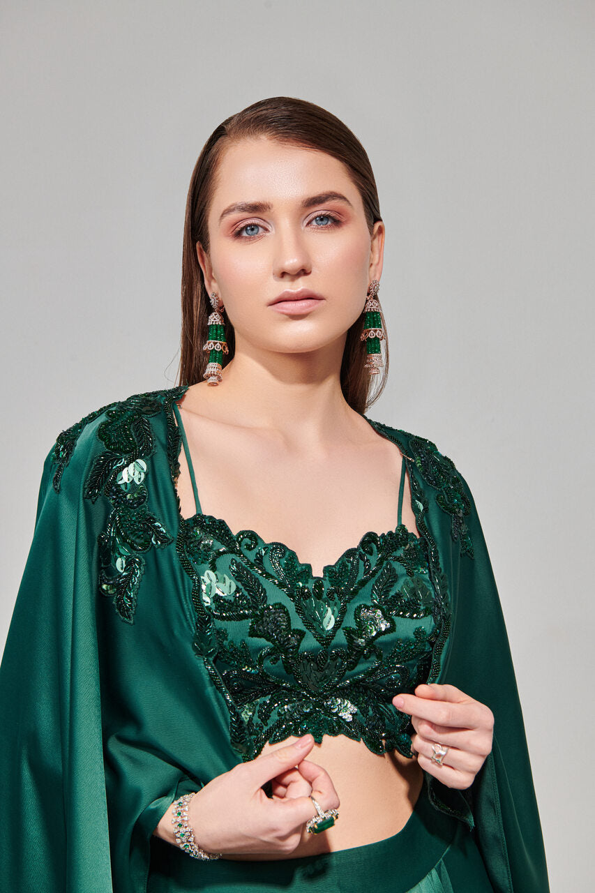 Emarald green cutwork cape set