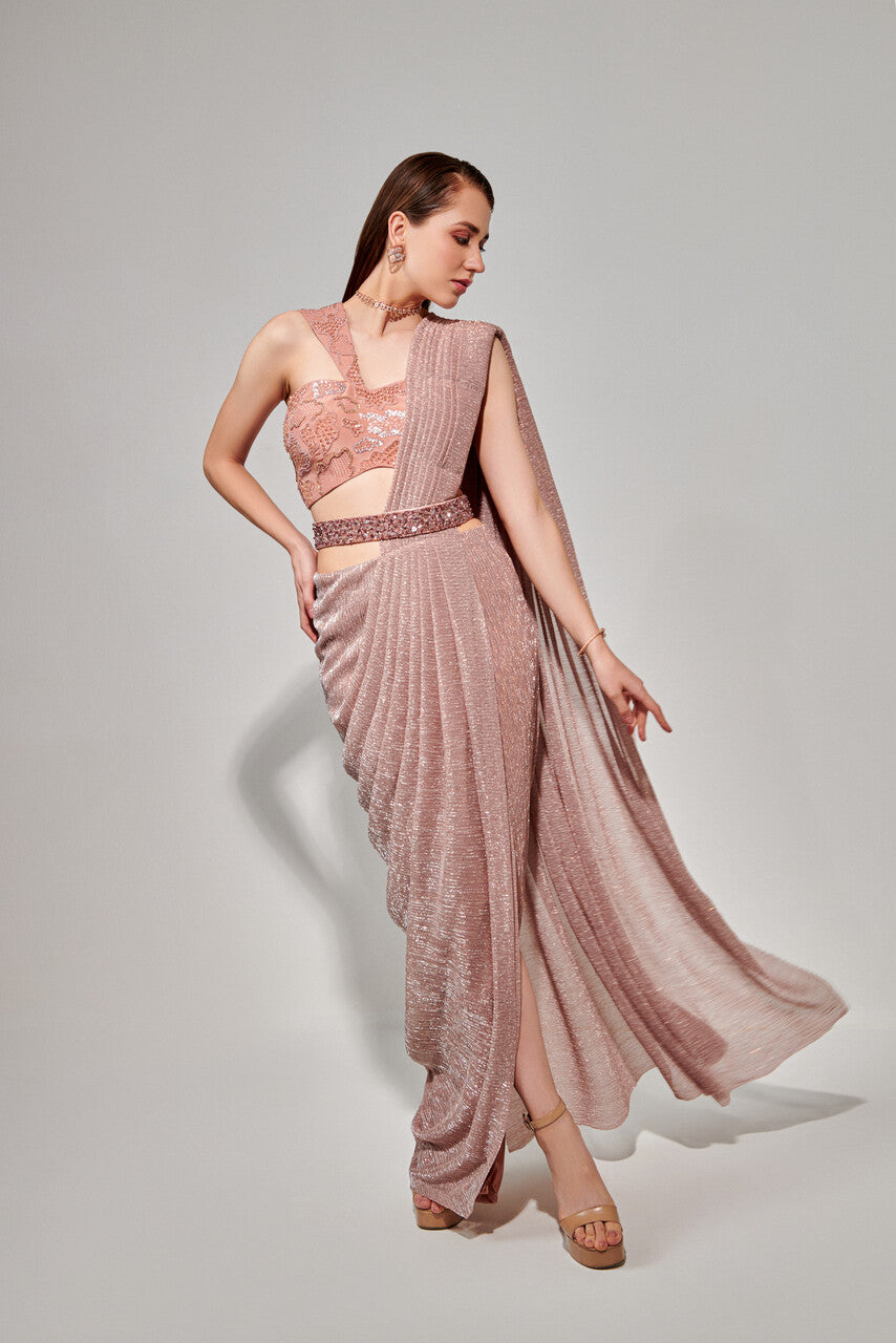 Rose pink drape saree set