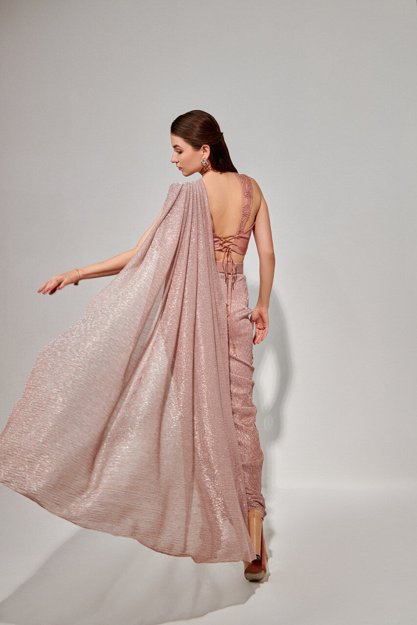 Rose pink drape saree set