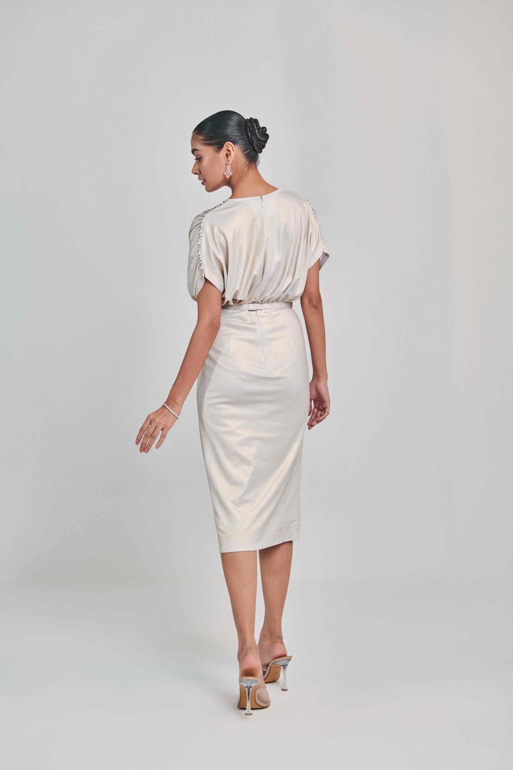IVORY METALLIC DRAPE DRESS