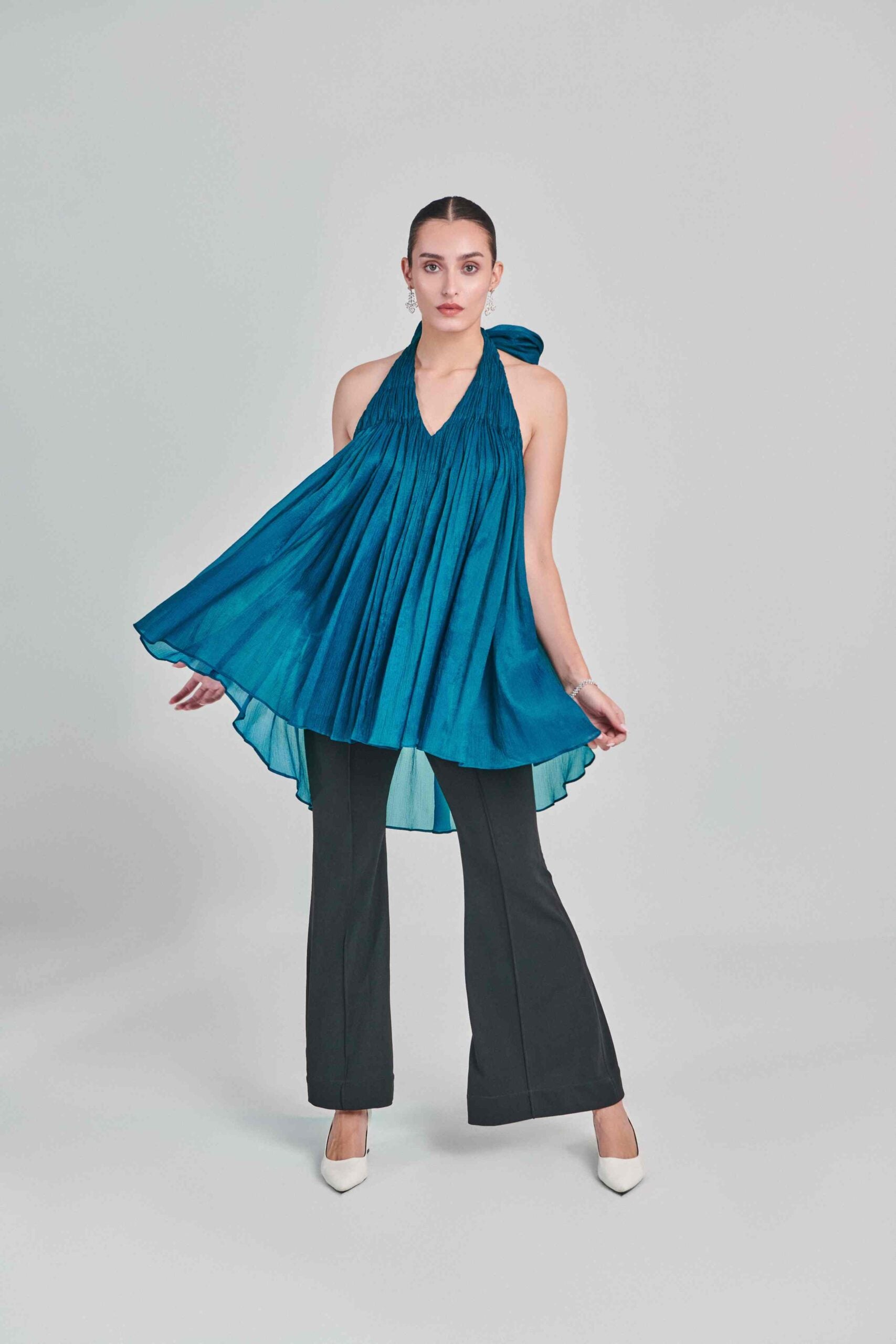 TEAL HALTER NECK SELF TIE TOP