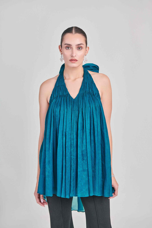 TEAL HALTER NECK SELF TIE TOP